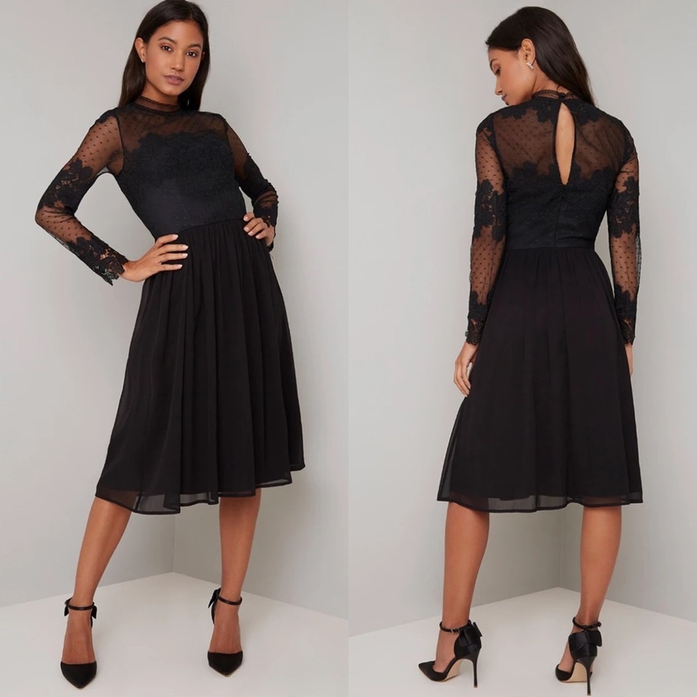 Lace Bodice Sheer Sleeved Midi Dress in Black